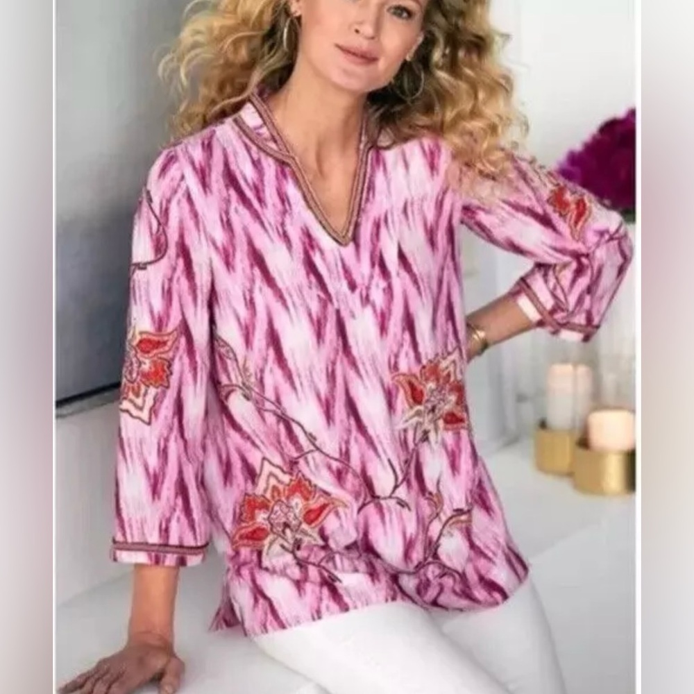 SOFT SURROUNDINGS Altea Pink Tie Dye 3/4 Sleeve Embroidered Beaded Tunic XS